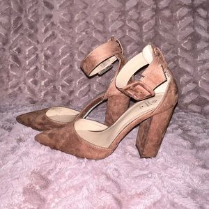 Brown velvet block heels